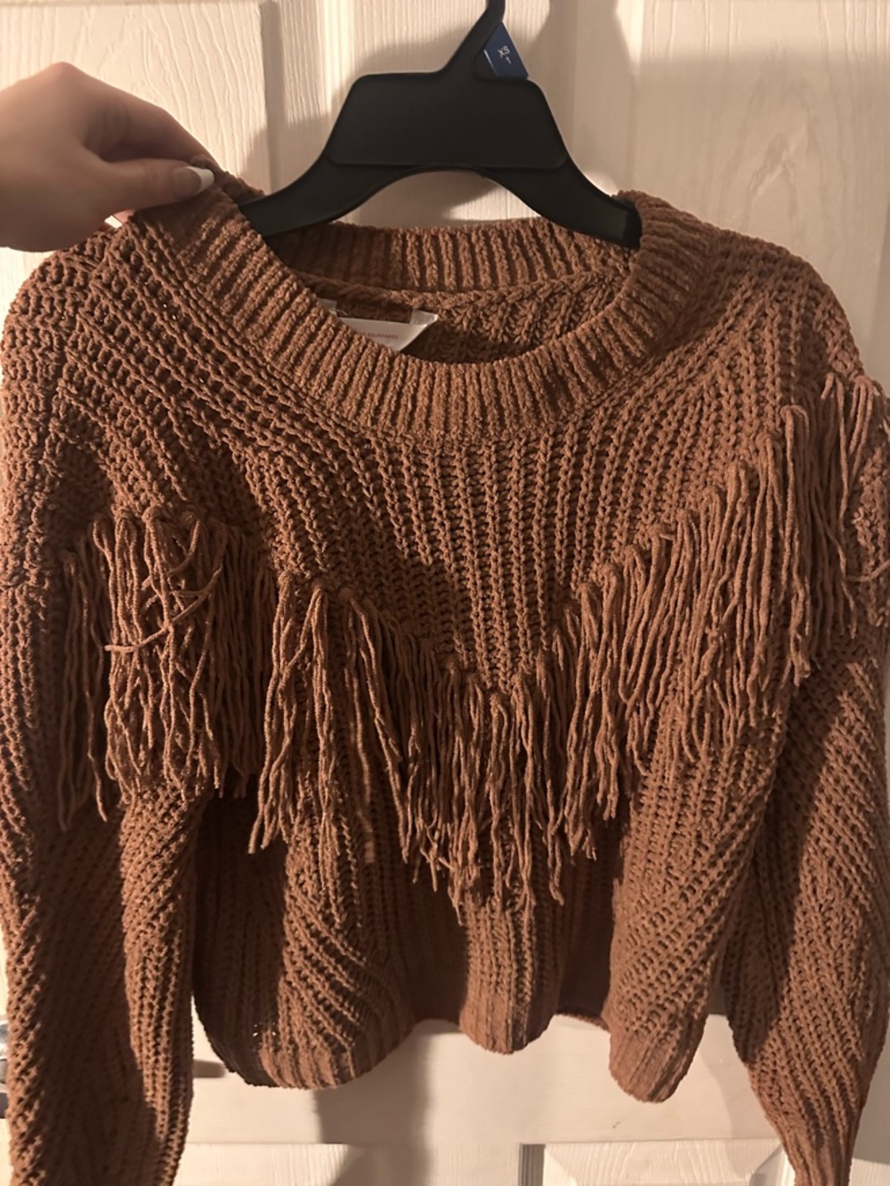 No Boundaries Brown Fringe Crewneck Sweater